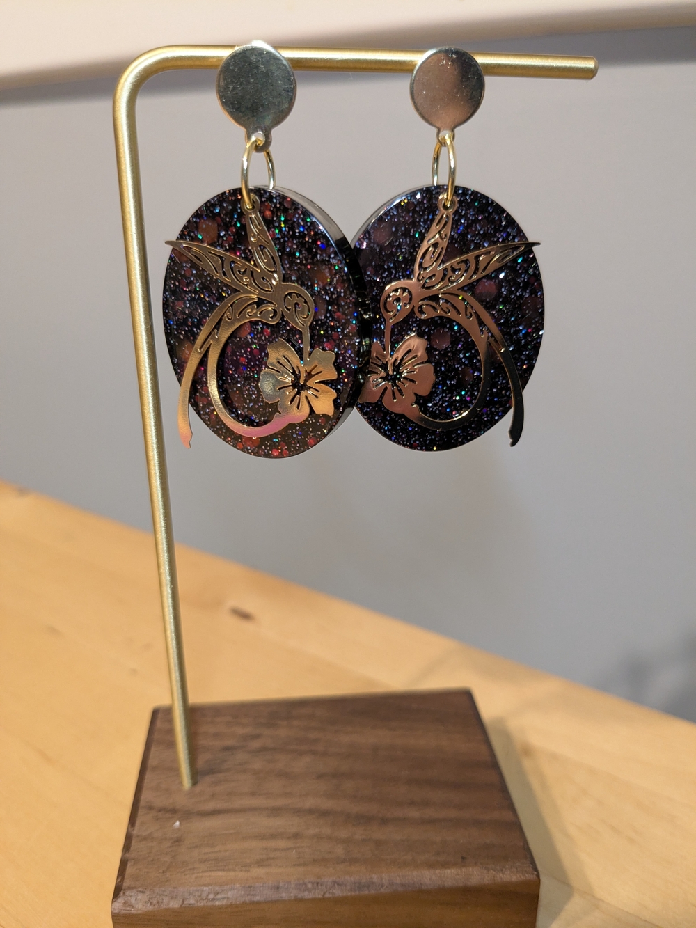 Handmade Glitter Hummingbird Drop Earrings - Black Multicolor